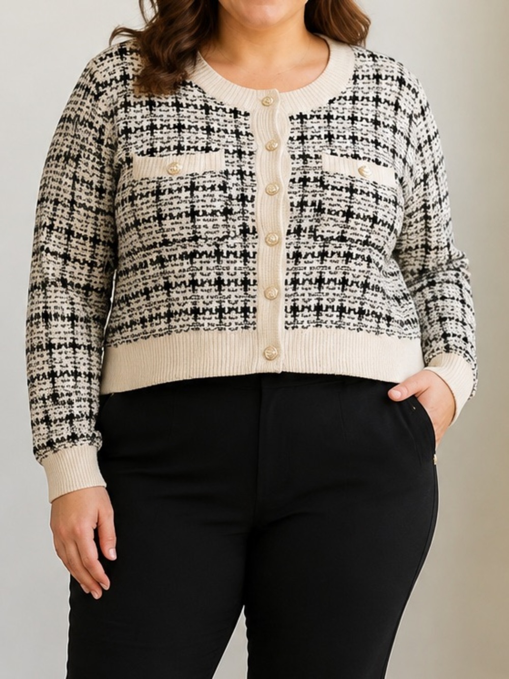 Cream and Black Tweed Knit Cardigan Sweater - Picture 2 of 9